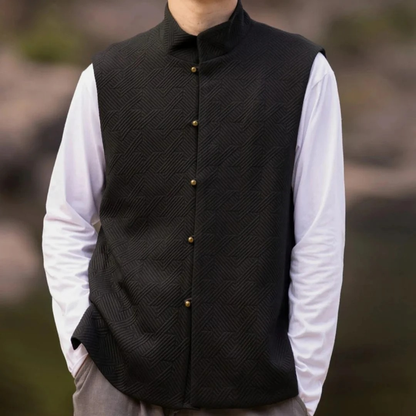 Men’s Textured Stand Collar Waistcoat – Refined Heritage Layer for Casual and Event Wear