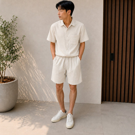 Men’s Textured Short-Sleeve Two-Piece Set – Relaxed Summer Shirt and Shorts Outfit