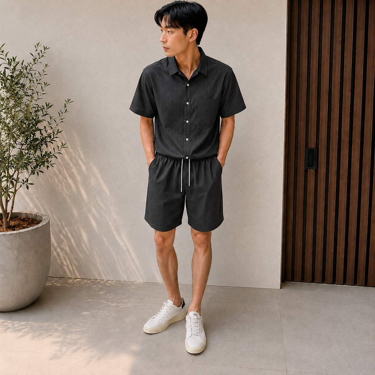 Men’s Textured Short-Sleeve Two-Piece Set – Relaxed Summer Shirt and Shorts Outfit