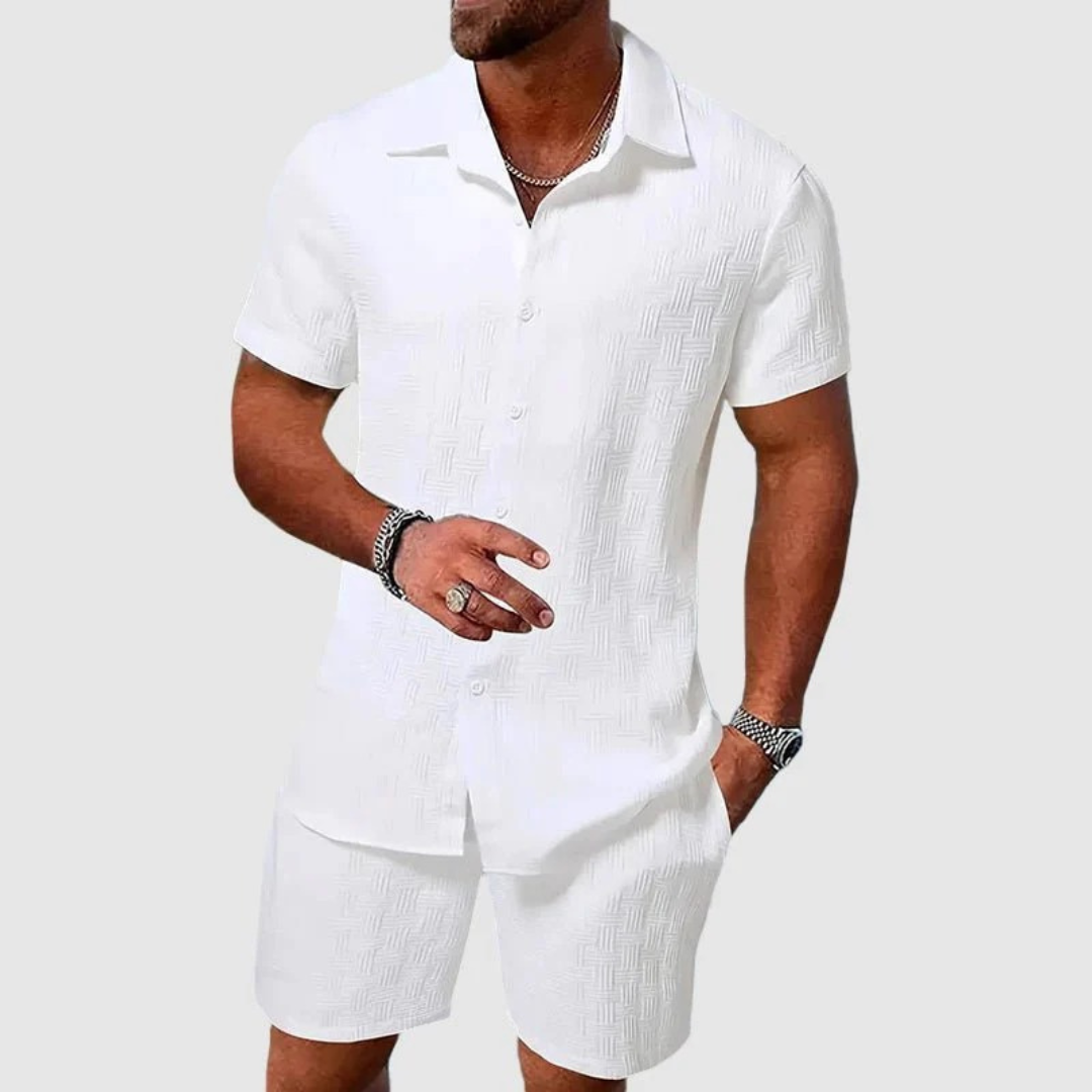 Men’s Textured Short-Sleeve Two-Piece Set – Relaxed Summer Shirt and Shorts Outfit