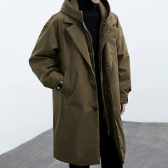 Men’s Hooded Longline Trench Coat – Double-Closure Straight-Fit Outerwear with Practical Pockets for Autumn Winter and Travel