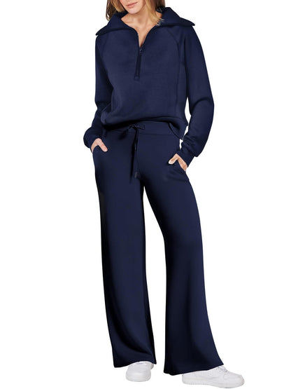 Women’s Two-Piece Jogging Set – Half-Zip Hooded Top and Wide-Leg Sweatpants with Drawstring Waist