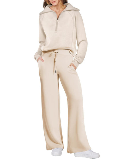 Women’s Two-Piece Jogging Set – Half-Zip Hooded Top and Wide-Leg Sweatpants with Drawstring Waist