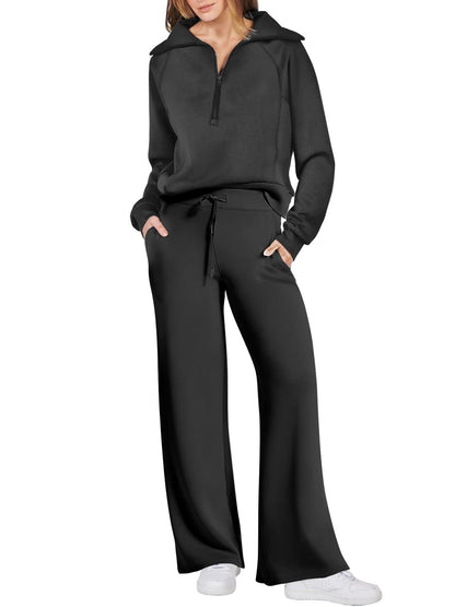 Women’s Two-Piece Jogging Set – Half-Zip Hooded Top and Wide-Leg Sweatpants with Drawstring Waist