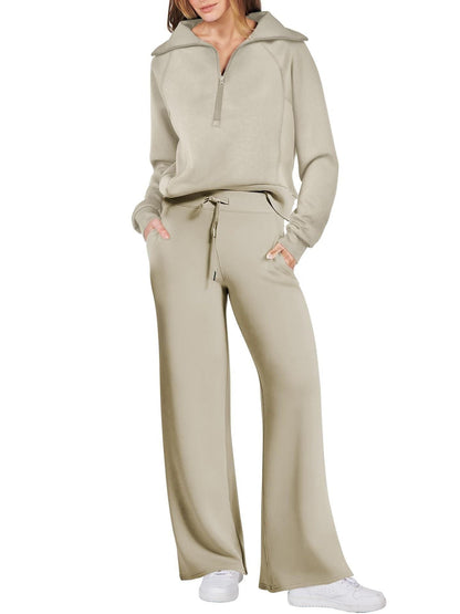 Women’s Two-Piece Jogging Set – Half-Zip Hooded Top and Wide-Leg Sweatpants with Drawstring Waist