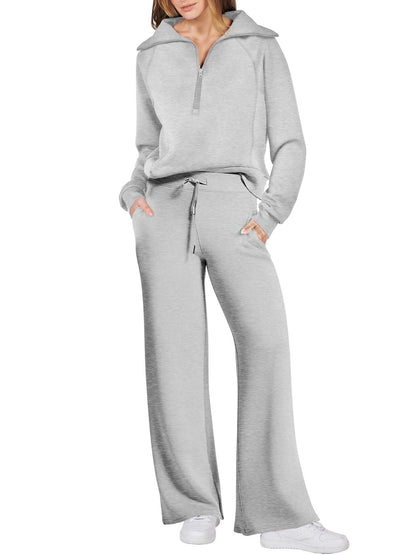 Women’s Two-Piece Jogging Set – Half-Zip Hooded Top and Wide-Leg Sweatpants with Drawstring Waist