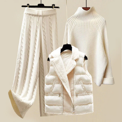 Women’s Layered Knit Winter Set – Turtleneck Jumper Cable-Knit Trousers and Padded Gilet