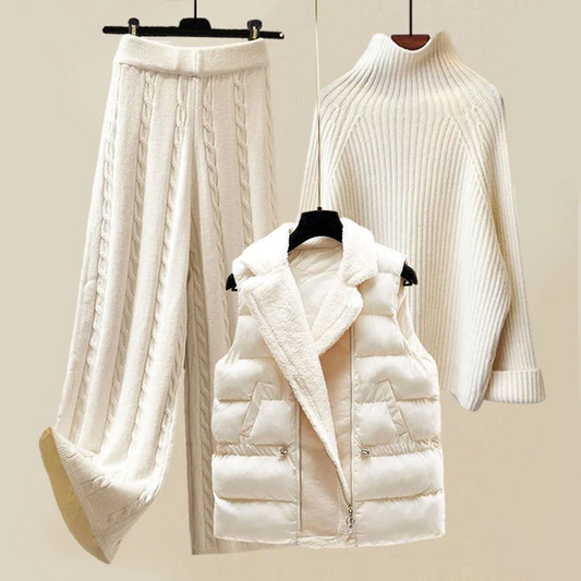 Women’s Layered Knit Winter Set – Turtleneck Jumper Cable-Knit Trousers and Padded Gilet