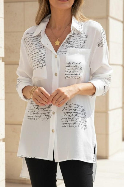 Women’s Oversized Shirt – Slogan Print Shirt with Classic Collar