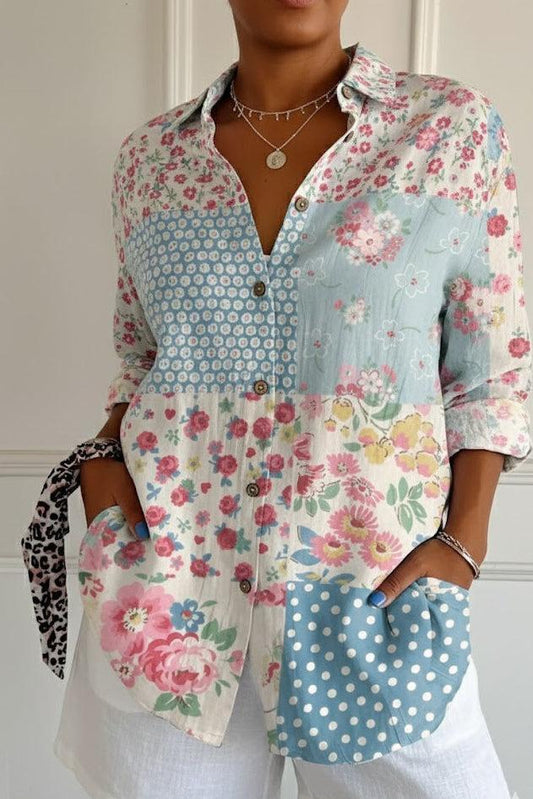 Women’s Shirt Blouse – Coral Print Shirt with Roll-Up Sleeves