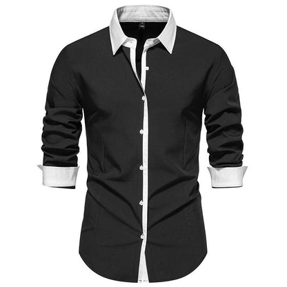 Men’s Contrast-Collar Button-Up Shirt – Slim-Fit Long-Sleeve Dress Shirt with Contrast Placket and Cuffs for Formal Wear