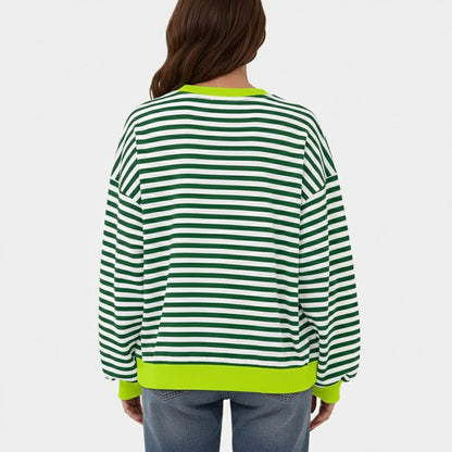 Women’s Oversized Striped Sweatshirt – Crew-Neck Long-Sleeve Pullover with Contrast Ribbed Trims