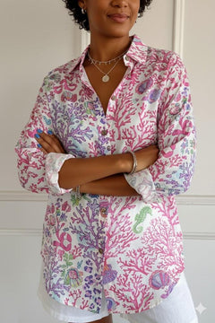 Women’s Shirt Blouse – Coral Print Shirt with Roll-Up Sleeves