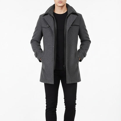 Men’s Wool Winter Coat – Stand-Collar Button-Front Overcoat with Zip Closure and Utility Pockets for Cold-Weather Wear