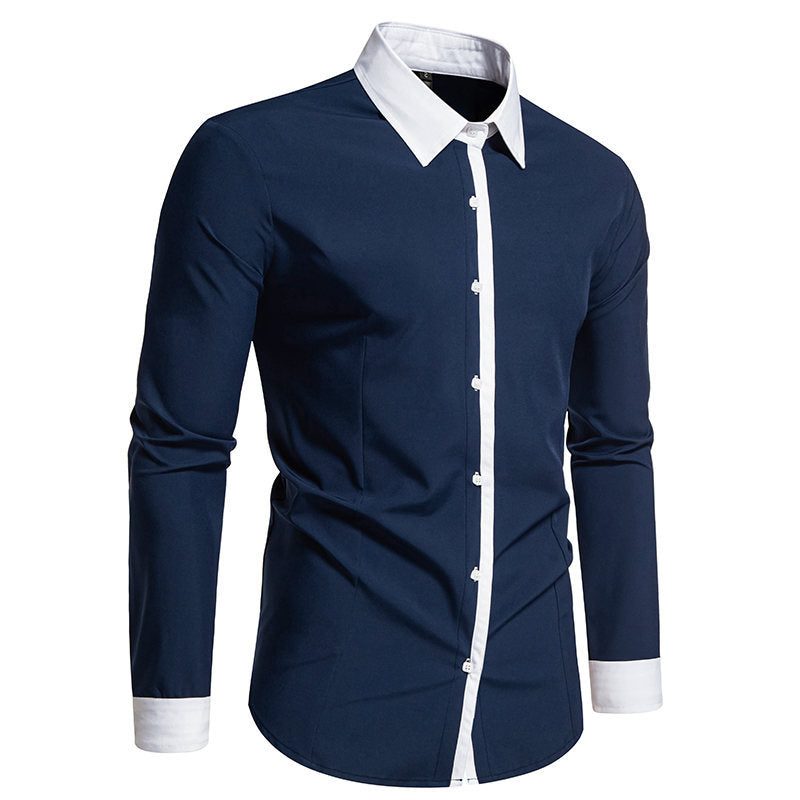 Men’s Contrast-Collar Button-Up Shirt – Slim-Fit Long-Sleeve Dress Shirt with Contrast Placket and Cuffs for Formal Wear