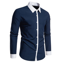 Men’s Contrast-Collar Button-Up Shirt – Slim-Fit Long-Sleeve Dress Shirt with Contrast Placket and Cuffs for Formal Wear