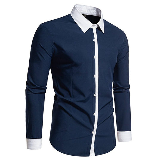 Men’s Contrast-Collar Button-Up Shirt – Slim-Fit Long-Sleeve Dress Shirt with Contrast Placket and Cuffs for Formal Wear