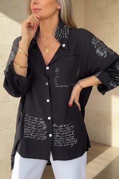 Women’s Oversized Shirt – Slogan Print Shirt with Classic Collar