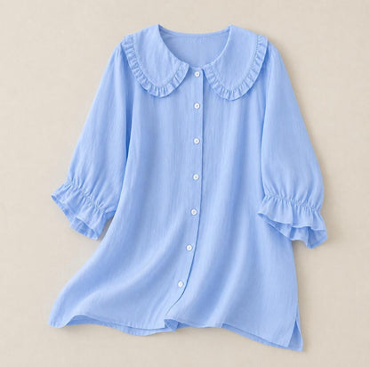 Women’s Ruffle Collar Blouse – Relaxed Button-Up Style for Spring and Summer Wear