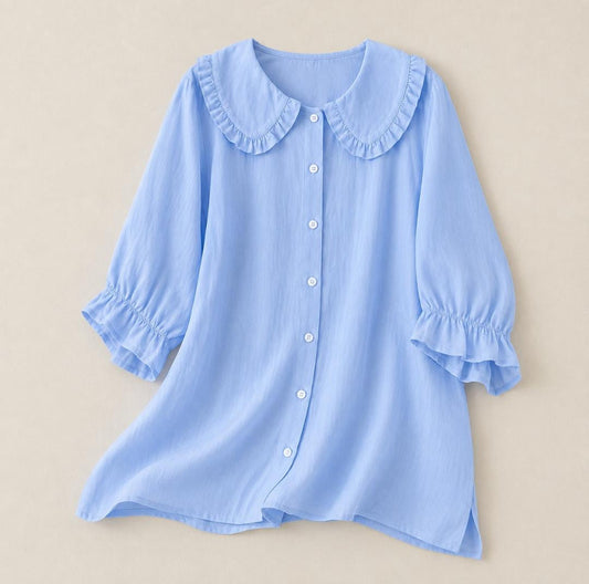 Women’s Ruffle Collar Blouse – Relaxed Button-Up Style for Spring and Summer Wear