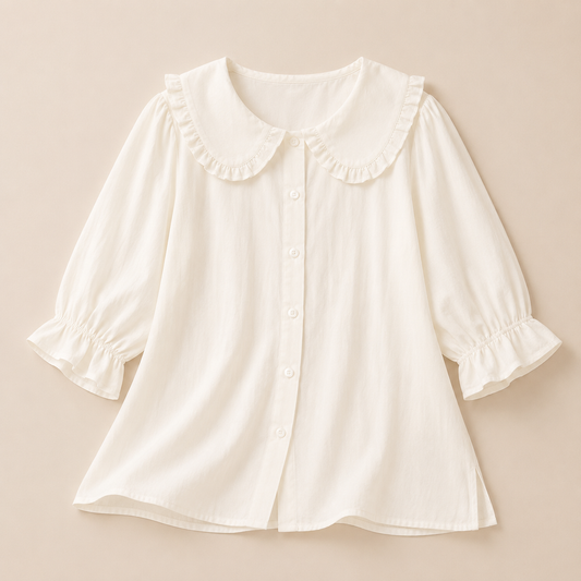 Women’s Ruffle Collar Blouse – Relaxed Button-Up Style for Spring and Summer Wear