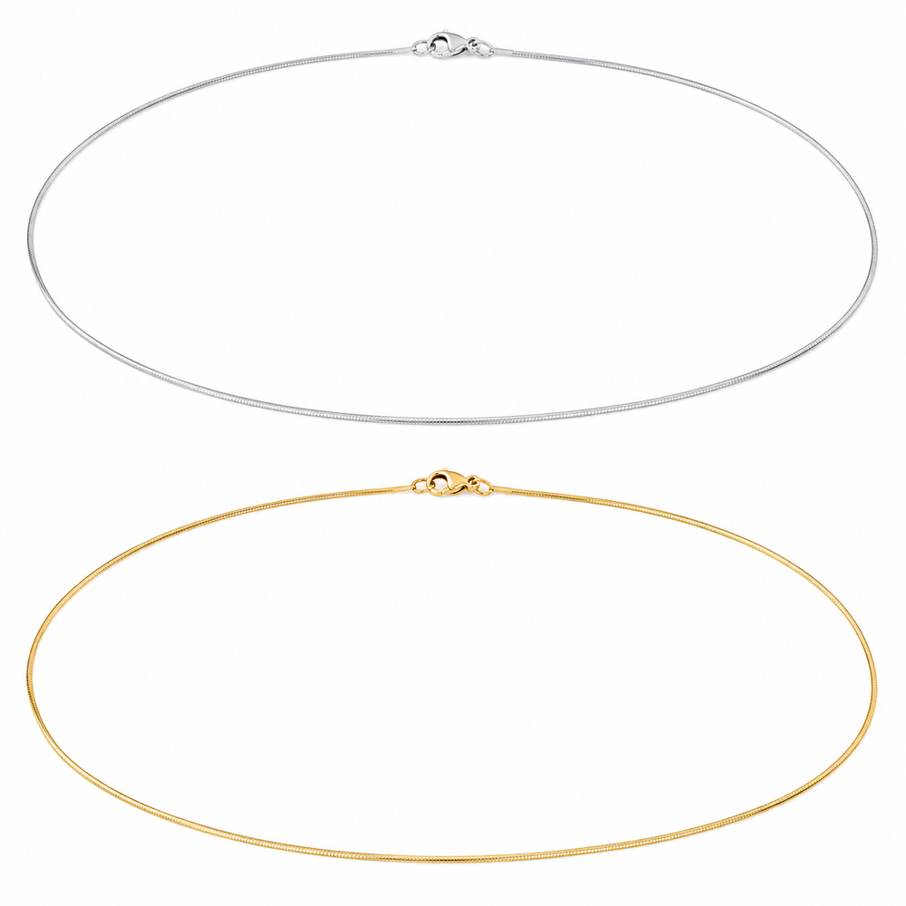 0.9mm square snake chains in silver and gold tone on white