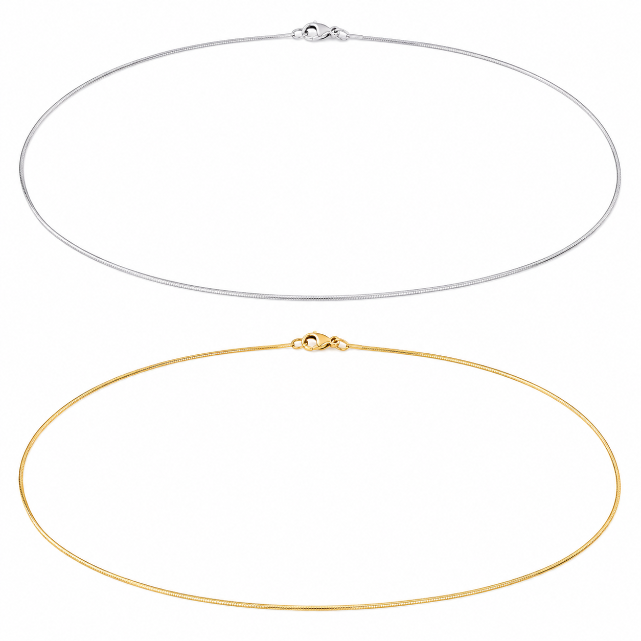 0.9mm square snake chains in silver and gold tone on white