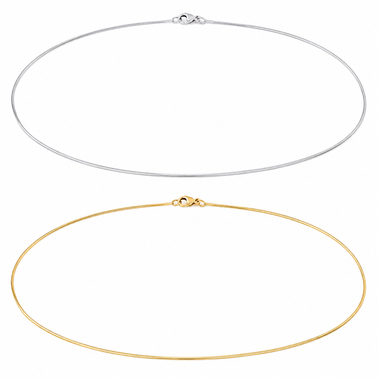 0.9mm square snake chains in silver and gold tone on white