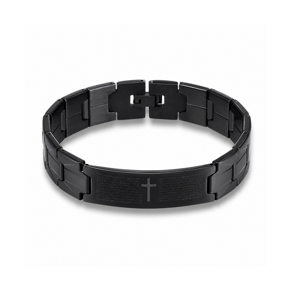 Cross Bible Stainless Steel Bracelet – Black on pure white background