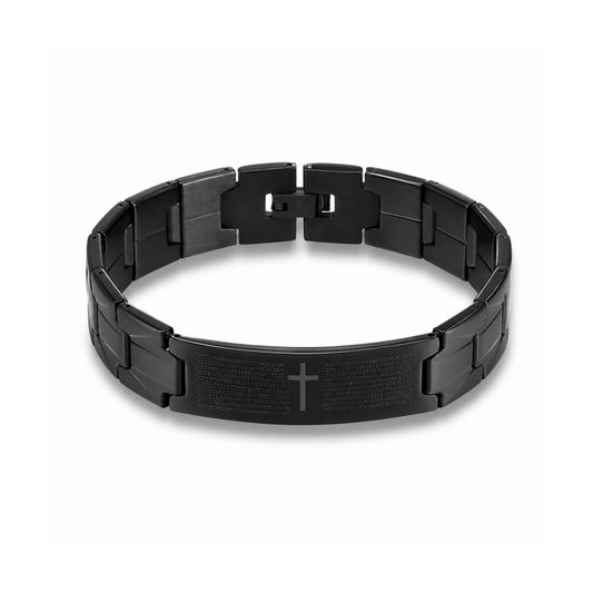 Cross Bible Stainless Steel Bracelet – Black on pure white background