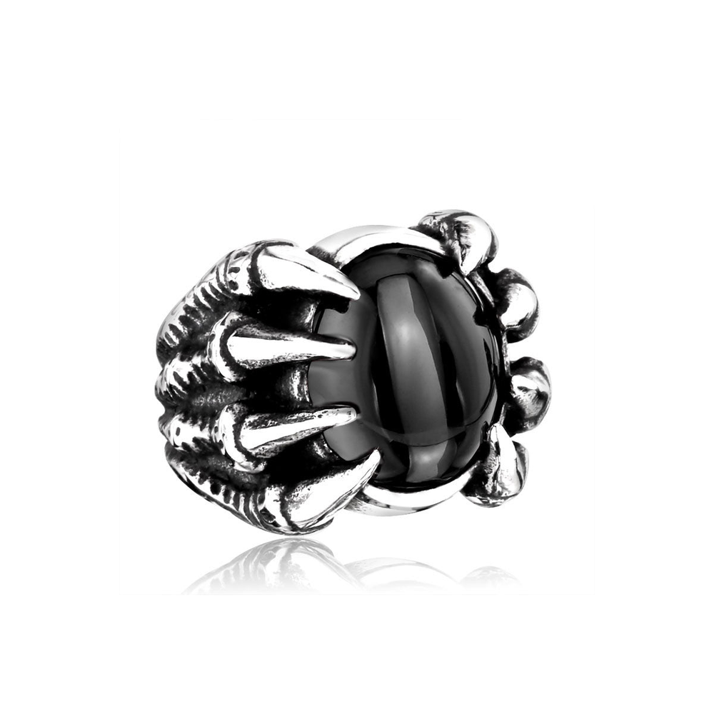 Men's Black Agate Stainless Steel Signet Ring on pure white background