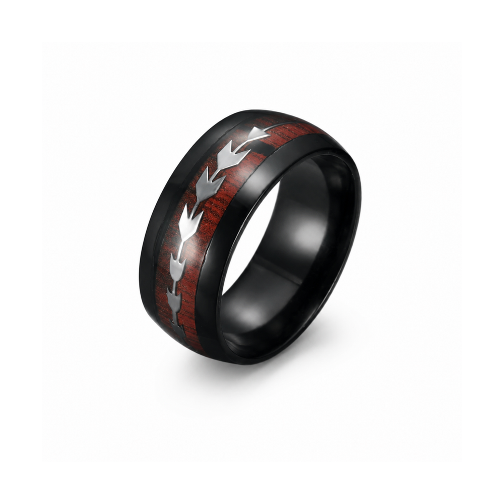 Men's Stainless Steel Wood-Grain Arrow Ring – Black on pure white background
