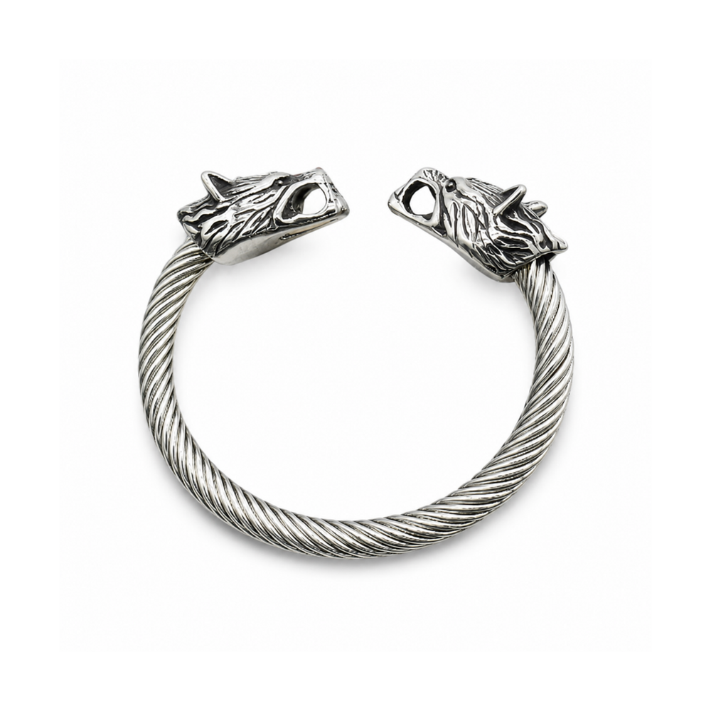 Men's Stainless Steel Wolf-Head Torc Bracelet on pure white background