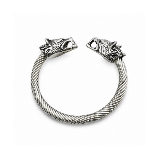 Men's Stainless Steel Wolf-Head Torc Bracelet on pure white background