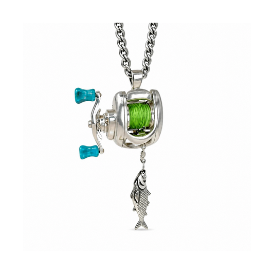 Men's Copper Fishing-Reel Pendant Necklace on pure white background