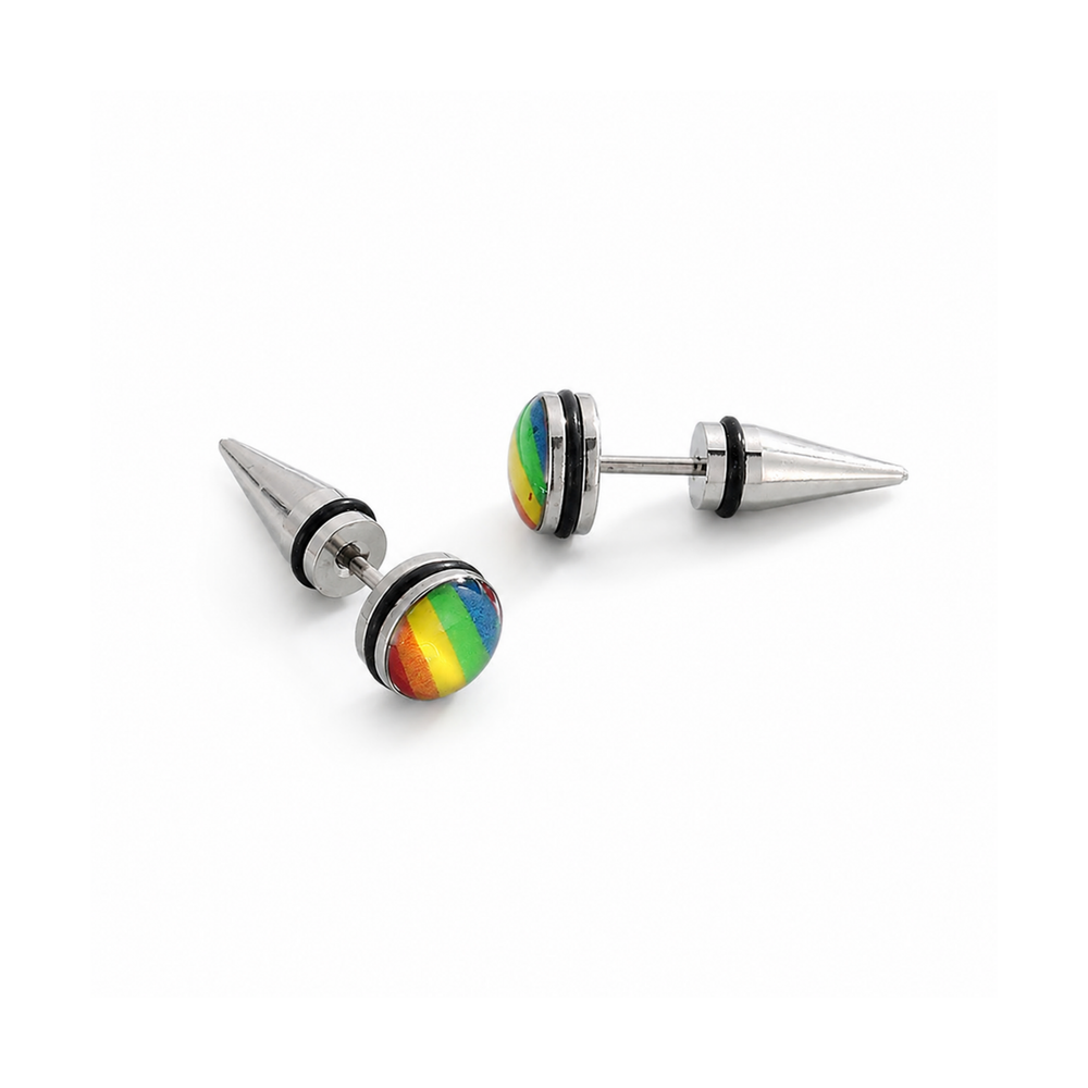 Men's Titanium Steel Rainbow Triangle Earrings on pure white background