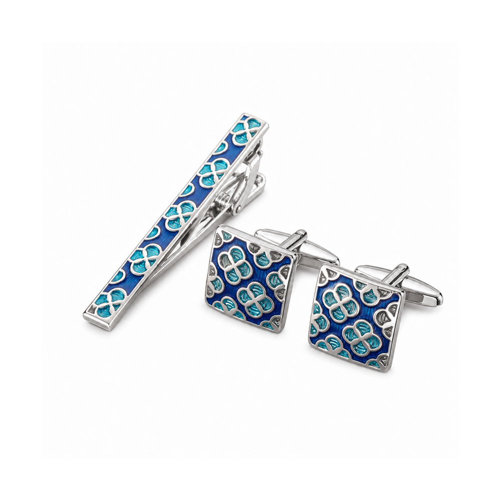 Men's Copper Crystal & Enamel Cufflink Set on pure white background