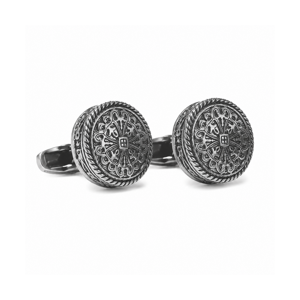 Men's Antique Greek-Pattern Copper Cufflinks on pure white background