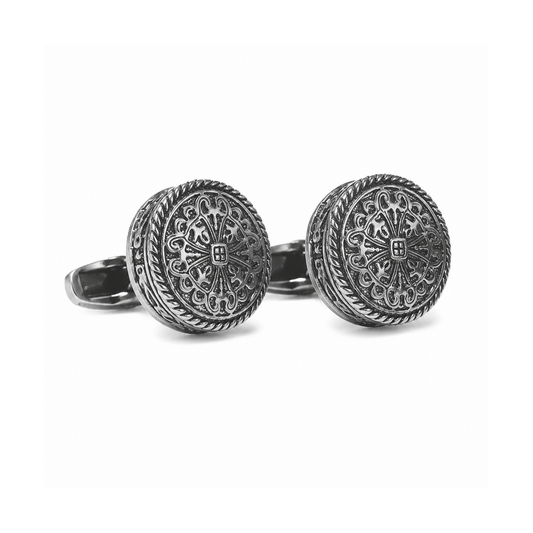 Men's Antique Greek-Pattern Copper Cufflinks on pure white background