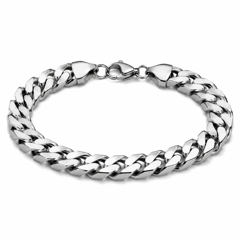 Men's 11mm silver-tone Cuban bracelet on white