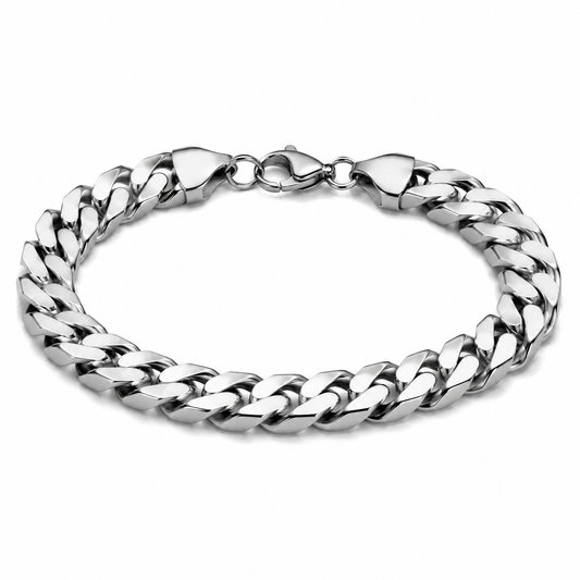 Men's 11mm silver-tone Cuban bracelet on white