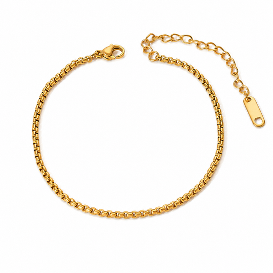 VALT 2mm gold box chain bracelet on white background