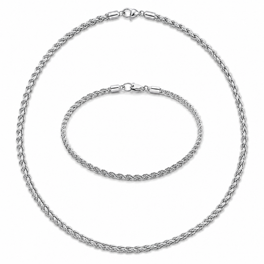 Men's silver-tone 3mm rope chain and matching rope bracelet set