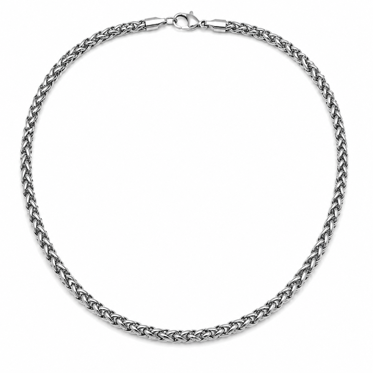 4mm silver-tone wheat chain for men on white background