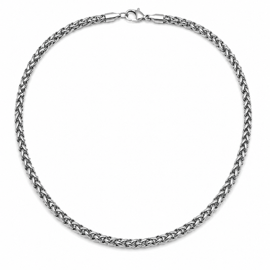 4mm silver-tone wheat chain for men on white background