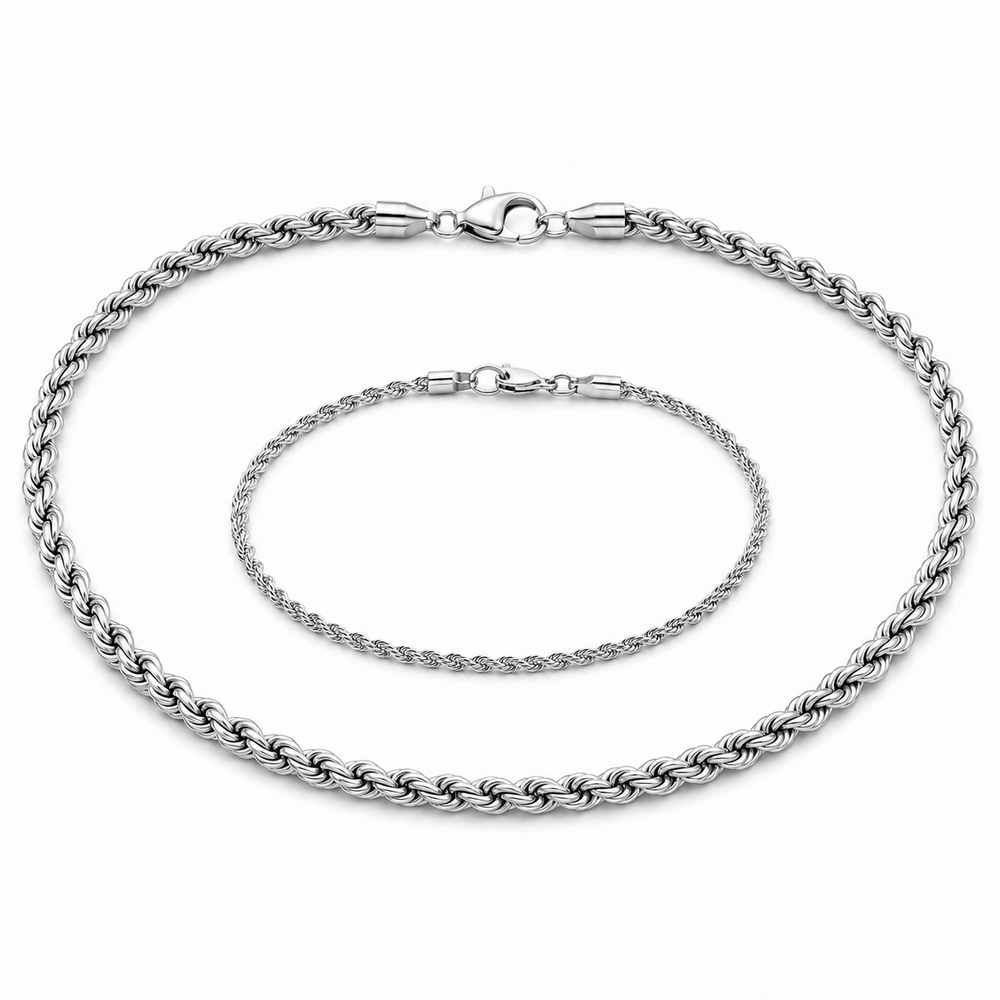 Men's silver-tone 5mm rope chain and 3mm rope bracelet set