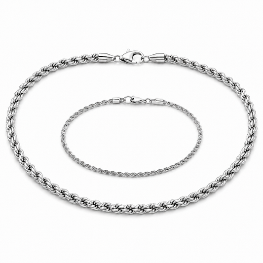 Men's silver-tone 5mm rope chain and 3mm rope bracelet set