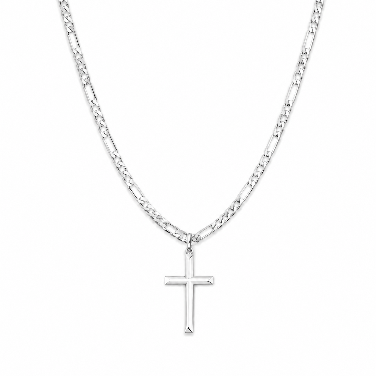 VALT 925 sterling silver cross pendant with Figaro chain on white background