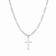 VALT 925 sterling silver cross pendant with Figaro chain on white background