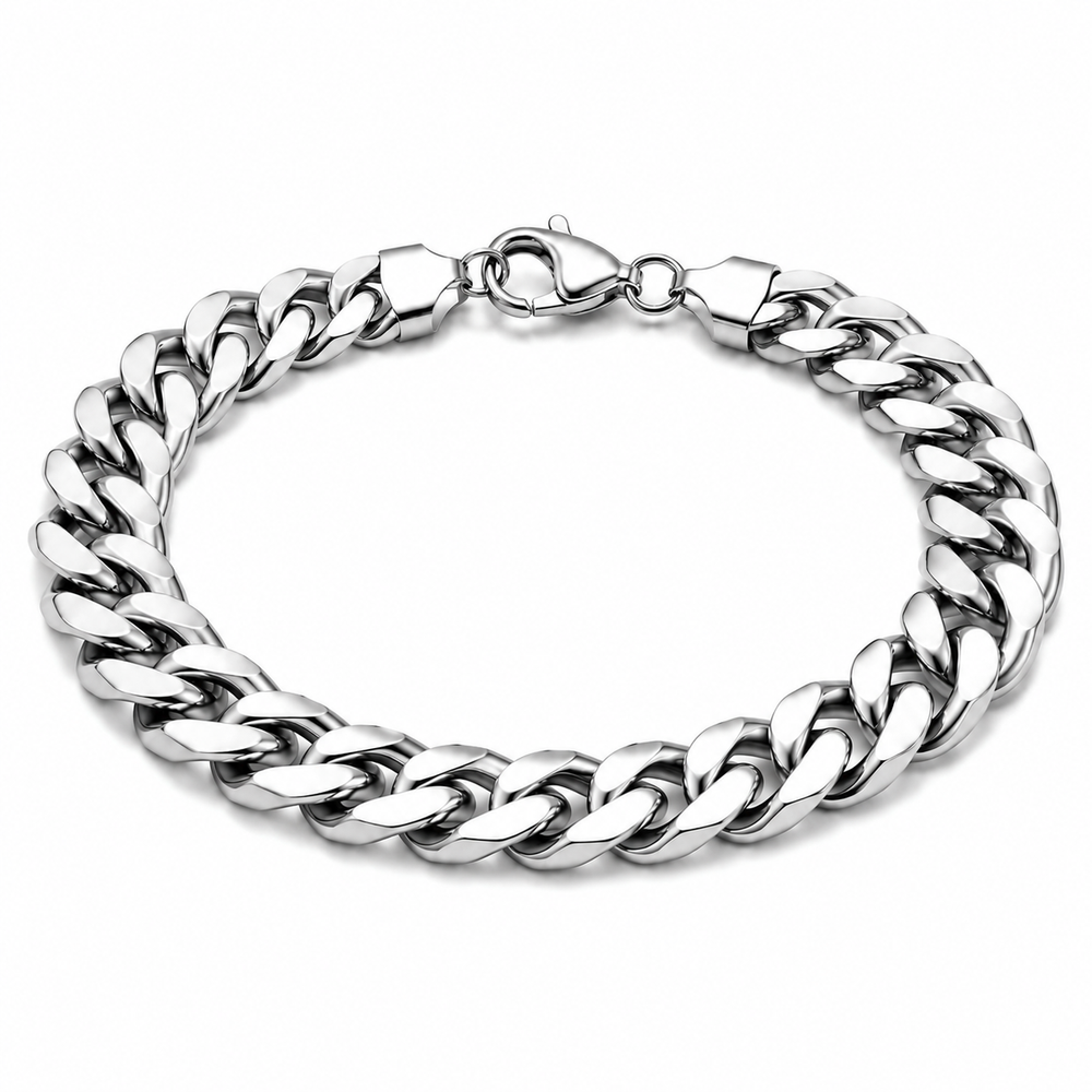 Men's 9mm silver-tone Cuban bracelet on white